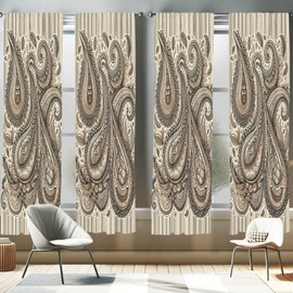 Ambesonne Paisley Window Curtains Pack of 2, Delicate Bohemian Leafy Motives on Stripes in Neutral Muted Colors, Lightweight Set with Rod Pocket, 4 Panels of - 28" x 84", Warm Taupe Ivory and Sepia