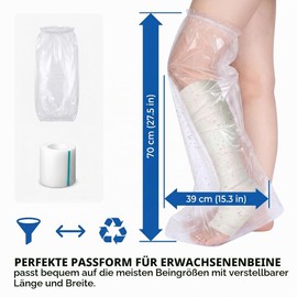 Set of 9 Shower Protection Leg Waterproof (70 cm) - 8 x Cast Protectors & 1 x Fixing Tape - Bandage Protection for Shower & Bath, Leg Protection After Surgery, Wounds & Plaster, Reusable