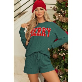 Opemiby Christmas Pajamas for Women Ribbed Long Sleeve Top and Shorts Matching Lounge Set Loungewear Sweatsuit with Pockets Evergreen XL