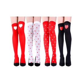 Blulu 4 Pairs Heart Knee Thigh High Stocking Knee White and Red Socks Heart High Socks for Costume Accessory, 4 Styles