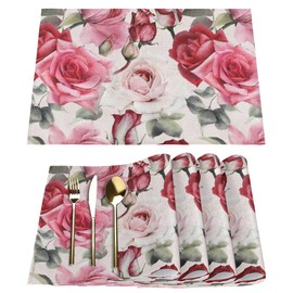 HUXINO Placemats Set of 6 Vintage Watercolor Spring Rose Flower Washable Table Place Mats Heat Resistant Linen Place Mat for Kitchen Dining Table Indoor Outdoor Party Decoration