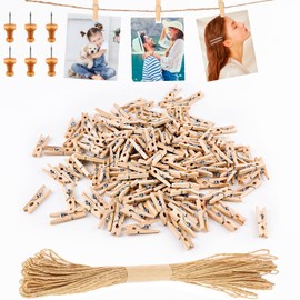 Furuising 150PCS Mini Wooden Pegs, 3cm Natural Small Photo Pegs,Small Pegs for Hanging Photos,Wooden Pegs Craft with 10M Jute String for Photo Wall Display,Craft,Weddings & Party