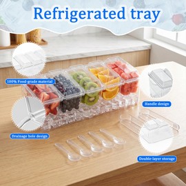 Condiment Caddy, 5 Compartment Ice Chilled Serving Tray, Serving Platter Condiment Container with Separate Lid, Fruit Garnish Tray for Party Supplies & Bar Accessories (5 Spoons & 2 Tongs)
