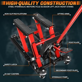 CAAP DRIVEN Steel Hydraulic Motorcycle ATV Scissor Lift Jack Hoist Stand with Wheels and Handle - 1500 lbs Capacity, 4.5-15" Lifting Range, CAAP-TOLS-MLJ-1500