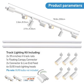 Hiiglxii 6-Light LED Track Lighting Kit with 6.6FT H Track Lighting Rails & Floating Canopy Connector, GU10 Track Light Kit, Modern Kitchen Track Lighting Fixtures Ceiling Spot Light, White (No Bulbs)