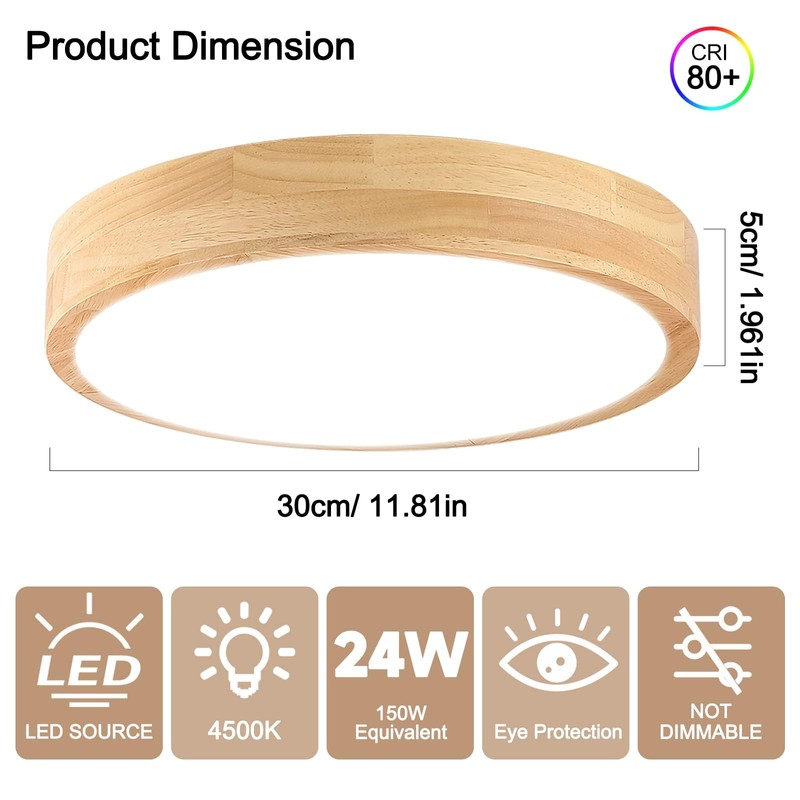 Led Ceiling Light Flush Mount: 12 Inch 24W Wood Bedroom