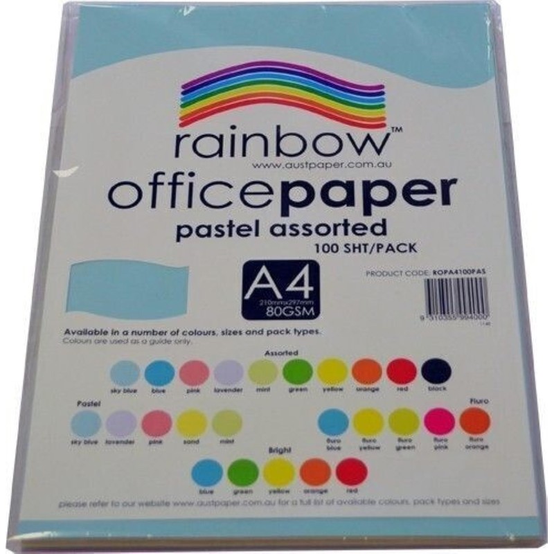 Rainbow A4 Colour Copy Paper 100 Sheets, Pastel Assorted