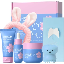Kit Cuidado Facial Sakura: Limpiador, Tónico, Sérum, Crema de Ojos, Crema Facial y Cepillo, Caja de Regalo para Mujer, Hidratación Profunda, Humecta, Reafirma y Mejora Textura