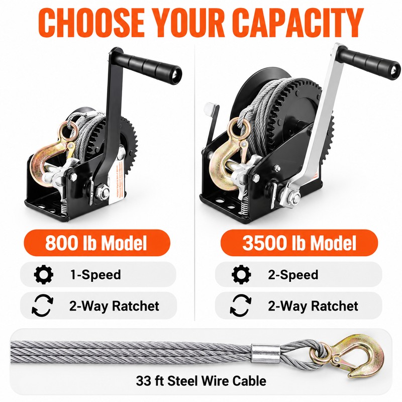 Manual Hand Crank Winch with 33 ft Steel Cable, 800/3500