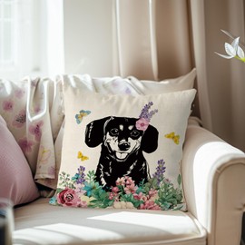 QIONG MENG Spring Pillow Covers 18x18 Inch Dachshund Flower Throw Pillow Case Spring Dog Cushion Case for Home Sofa Living Room Farmhouse Decorations