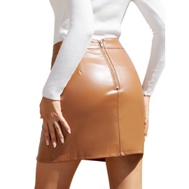 We1Fit Womens Fuax Leather Skirt High Waisted Bodycon Pencil Mini Skirts with Shorts Brown