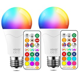 HEKEE LED Bulbs, Base Diameter 26mm, Bulb Color 2700K, 100 Shape Equivalent, 1200LM Remote Control Changing Bulbs, RGB + E26 (Set of 2)