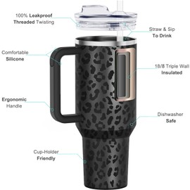 Greatyos 40 oz Tumbler with Handle and Straw Lid Insulated Tumblers Cups with Lids Straws Double Wall Vacuum Stainless Steel 40oz Tumbler Travel Mug Gifts for Men Women Him Her (Black Leopard)