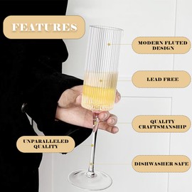 Ribbed Champagne Glasses | Unique Fluted Design | Tall Champagne Glasses with Long Stem | Fancy and Modern Trend Design | Large and Tall Vintage Champagne Glasses - Set of 2