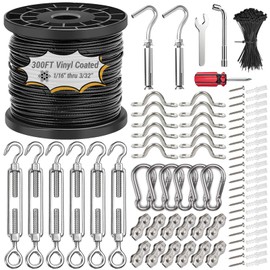 Toyeah 1/16" Wire Rope Kit with 300FT Vinyl Coated 304 Stainless Steel Wire Rope with M5 Turnbuckle, 7x7 Strand Core Tensioner Kit for String Light Hanging, Garden, Clothes Line and Plant Climbing