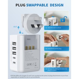 Australia New Zealand Power Plug Adapter, Type I Plug Adapter with 2 US Outlets, 3 USB-A & 2 USB-C Ports, Swappable International Power Adapter for US to Australia China Argentina Fiji AU (X232I)