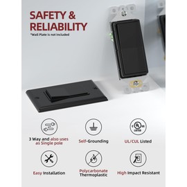 AIDA 3 Way Decorative Light Switch, Electric Switches,15Amp, 120/277 Volt, 3 Way Rocker Switch, Wall Switch Replacement, Self-Grounding, Residential and Commercial Grade, UL Listed (20 Pack,Black)