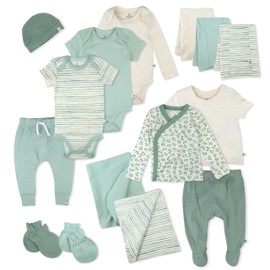 HonestBaby 15-Piece Welcome Home Gift Set 100% Organic Cotton for Newborn Infant Baby Boys, Girls, Unisex, Sage/White, Newborn