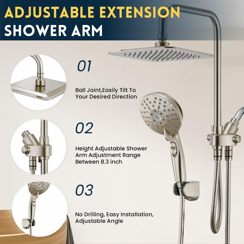 Ryamen Dual Shower Head Combo, Brushed Nickel 8'' High Pressure