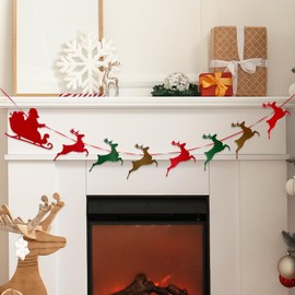 JSDJ Christmas Banner Santa Sleigh and Reindeer Bunting Felt Garland Christmas Decorations Indoor Happy Holiday Cute Hanging Decor for Mantel Fireplace Wall, Kids Bedroom, Living Room,Party Supplies