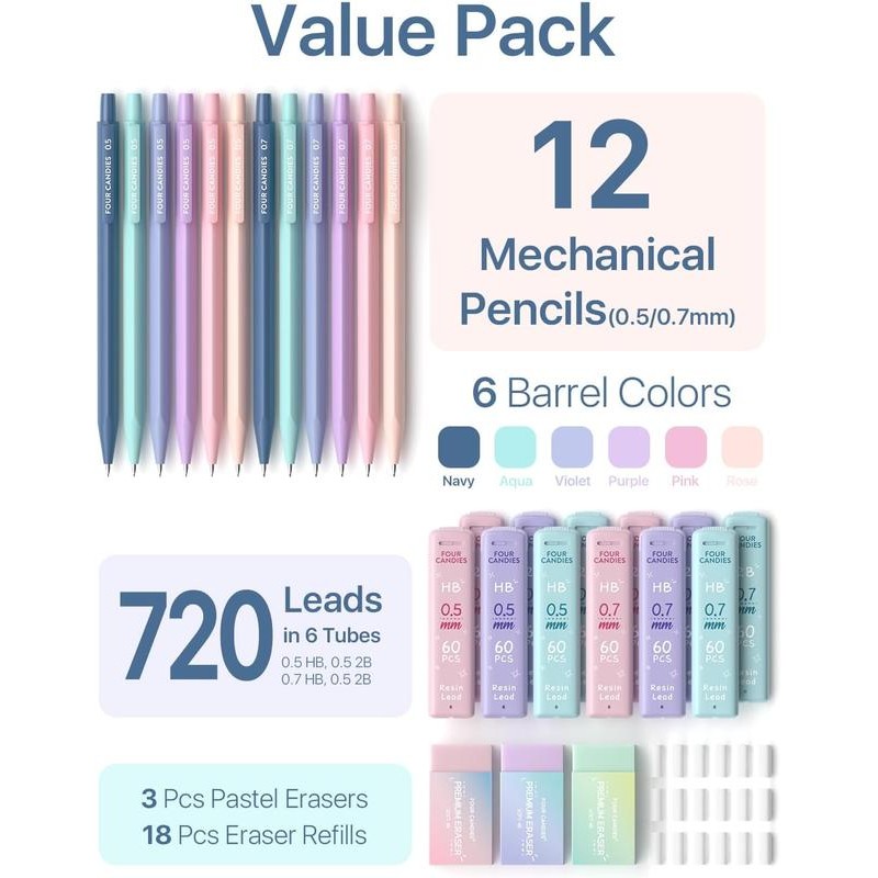 Four Candies Mechanical Pencils 0.5, with HB & 2B Lead