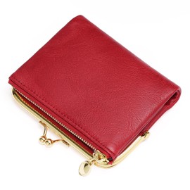 Plinvo Genuine Leather Wallet for Women & Men, RFID Blocking Bifold with Zipper and Kiss Lock, Vintage Coin Purse (Carmine)