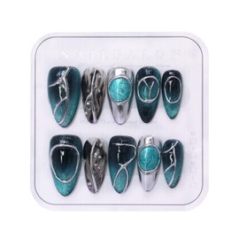 CAMILCY Press on Nails Handmade Nails Luxury Reusable Fake Nails For Girls Short Almond Armor Blue Cat Eyes Diamonds HandPainted Salon Loveful Design Acrylic Gel UV Finished For Women 3D Nails 10PCS S