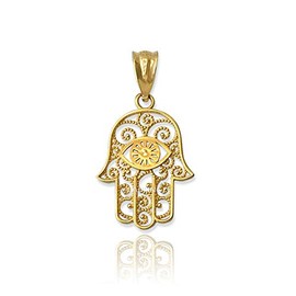 LA BLINGZ 10K Yellow Gold Hamsa Evil Eye Filigree Charm Necklace (Pendant (no chain))