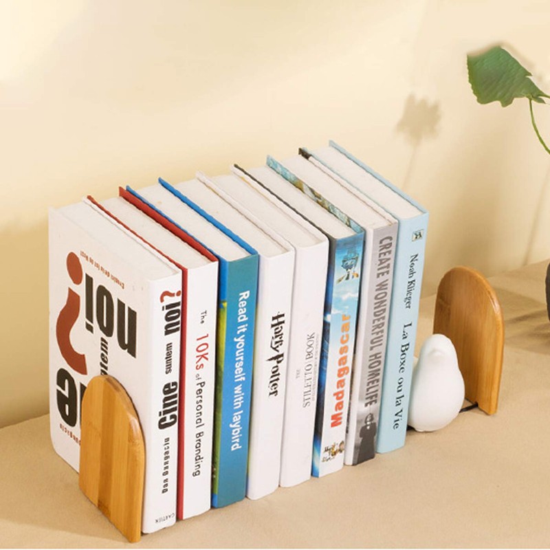 2 Pcs Natural Bamboo Bookend Large Capacity Office Book Ends