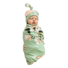 Baby Be Mine Newborn Baby Swaddle Blanket with Matching Knotted Hat or Headband (Gia)