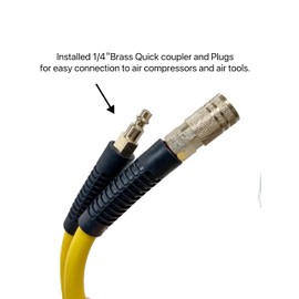 SYXQT Hybrid Air Hose 3/8-Inch x 50FT，300 PSI Heavy Duty, Lightweight, Kink Resistant, All-Weather Flexibility with 1/4-Inch Industrial Air Fittings and Bend Restrictors,Yellow