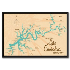 Lake Cumberland Kentucky Vintage-Style Map Professionally Framed Giclee Archival Canvas Wall Art for Home & Office by Lakebound (12" x 18")