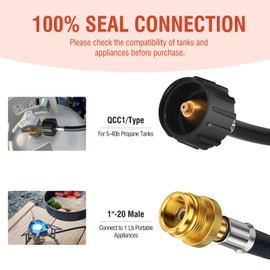 ABYDA 6Ft Propane Adapter Hose 1 lb to 20 lb, Propane Tank Hose with QCC1/Type1 for 5-40 lb Tanks, Propane Adapter Hose with CGA600 Connection for Coleman Stove, Weber Q Grill, Buddy Heater