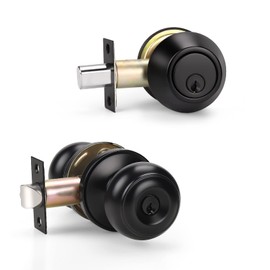 KNOBWELL 1 Pack Keyed Alike Door Knob and Double Cylinder Deadbolt Set, Exterior Door Lock Set with Deadbolt, Double Keyed Deadbolt, Black Front Door Knob and Deadbolt
