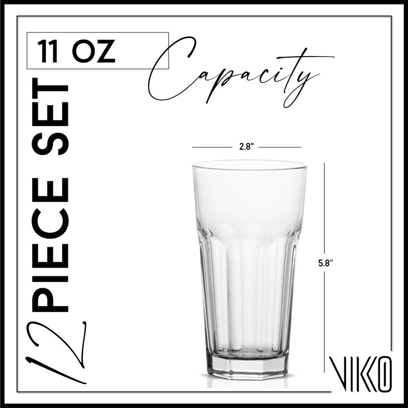 Vikko Drinking Glasses, 11 Ounce Large Glass Cups, Durable Glasses