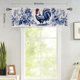 Rooster Curtain Valances Country Farm Farmhouse Blue Flowers Window Curtain Valances for Kitchen Bedroom Bathroom Living Room 54 X 18 Inch, 1 Panel