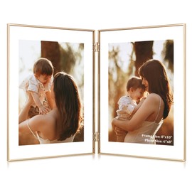 RICHFOCUS 8x10 Double Floating Picture Frame, Floating Display for 5x7 6x8, Hinged Folding Beaded Metal Picture Frames with Real Glass, Tabletop Photo Frame for Multiple Size, for Home Decor, Gold