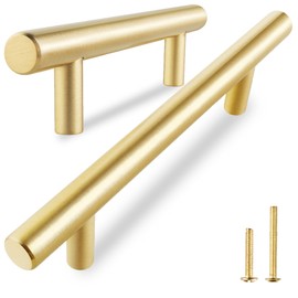 QOGRISUN 5-Pack Solid Brass Cabinet Pulls, Gold Euro Stvle T-Bar Handles, 6-1/4 Inch Hole Center for Kitchen Drawers, Cupboard, Dresser, Bathroom Vanity, Brushed Brass Finish