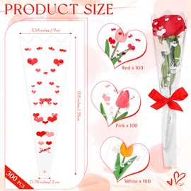 Sayglossy 300 Pcs Single Flower Sleeve Clear Single Rose Sleeve Flower Wrapping Bags Plastic Single Rose Packaging Bags for Birthday Wedding Flower Gifts Supplies, 3 Colors