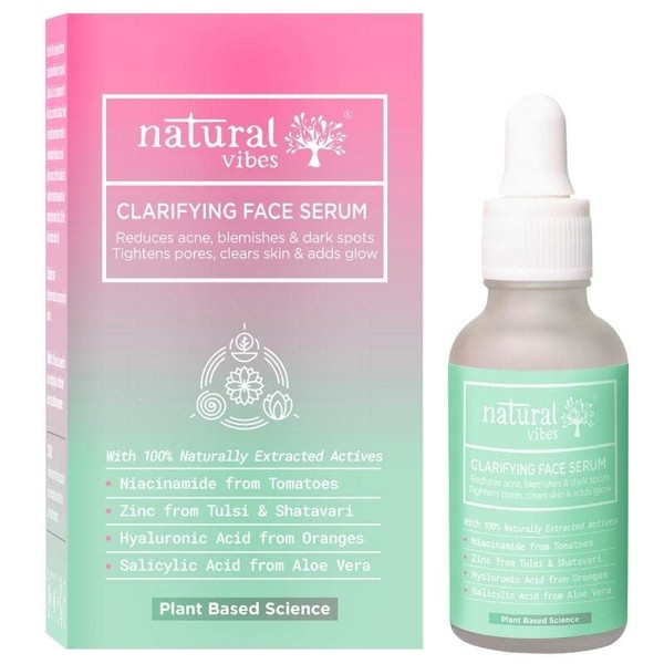 Natural Vibes Acne Clarifying Face Serum | 100% Plant Based Niacinamide, Salicylic Acid, Hyaluronic Acid & Zinc | For Acne & Blemishes | Marks | Oil Balancing | Glow | 30 ml | Men & Women