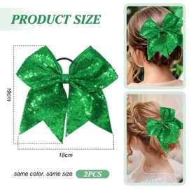 TUUXI 2pcs Large Glitter Cheer Bows 7 Inch Green Sequin Cheerleading Bows with Elastic Hair Ties Bands Ponytail Holder for Cheerleaders Softball Football Competition College Sport