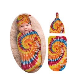 Tie Dye Colorful Rainbow Baby Swaddle Blankets, Newborn Swaddle with Beanie Set, Soft and Stretchy Baby Blanket Swaddle Sack for Boy and Girl