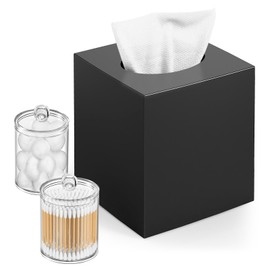 Tissue Box Cover, Square Facial Acrylic Tissue Box Holder with 2 Pack Clear Qtip Holder Dispenser, Bathroom Vanity Dresser Night Stand Essentials Accessories Decor, Modern Farmhouse Decor,Black