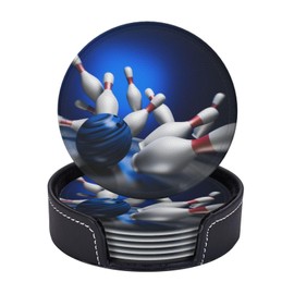 Fun Bowling Ball Sport Coasters for Drinks Round Leather Coaster with Holder Set of 6 for Tabletop Protection Desk Accessories Office Home Room Decor