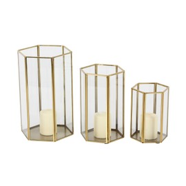 CosmoLiving by Cosmopolitan Glass Decorative Candle Lantern with Metal Plate, Set of 3 6", 8", 10"H, Gold