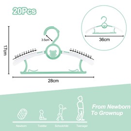 Fousenuk Pack of 20 Children's Clothes Hangers, Extendable Plastic with Stackable Bear Hooks, Non-Slip Baby Clothes Hangers for Children's Clothing and Baby Wardrobe (Green)