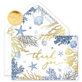 Whaline 24 Pack Ocean Thank You Cards Gold Foil Blue Coral Greeting Cards with Envelopes Stickers Blank Note Cards for Coastal Beach Birthday Baby Shower Party Supplies, 4 x 6 Inch