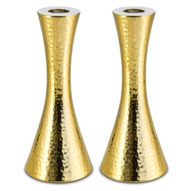 Zion Judaica Shabbos Candle Holder Set of 2 Modern Gold Hammered Metal Candlesticks Fits Thick Tapered Candles 7/8" and Shabbat Candles Passover Seder Decorative Candleholders Set