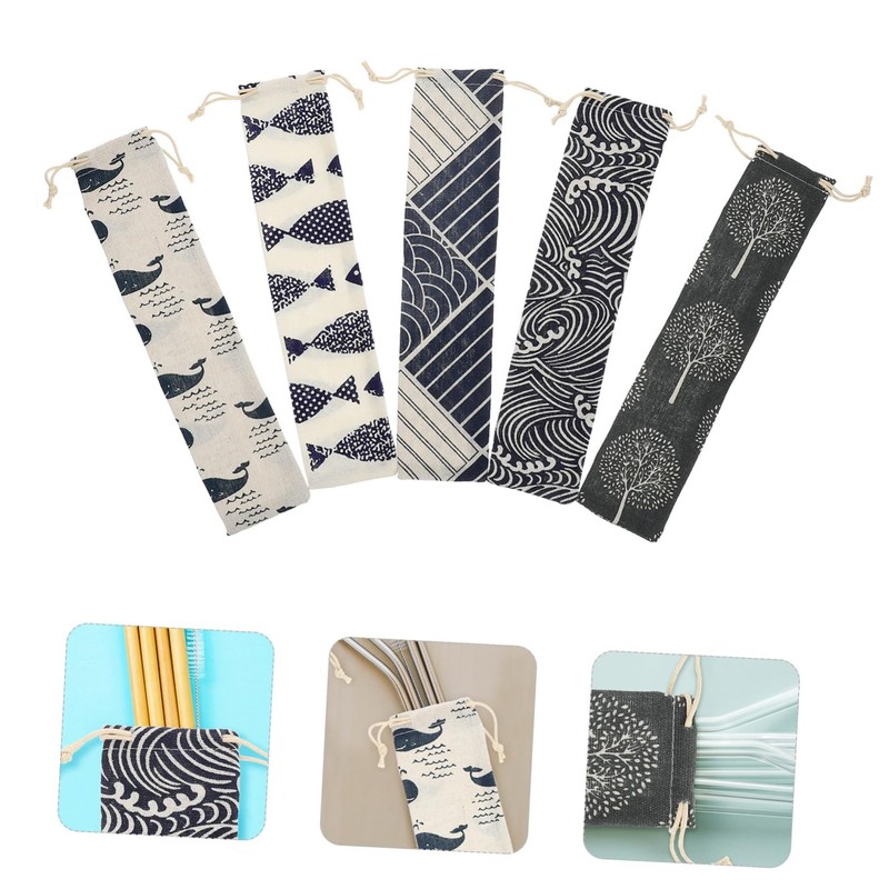 Healeved 5pcs Cotton and Linen Drawstring Storage Pouch for Travel