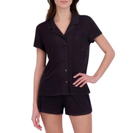 BORN Soft Modal Pajamas for Women, Short Pajama Set for Women 2 Piece with Classic Button Down Top and PJ Shorts, Black, S